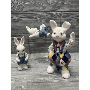 Vintage Ceramic Bunny Easter Rabbit Figurines Set of 3 Hand Painted 1988